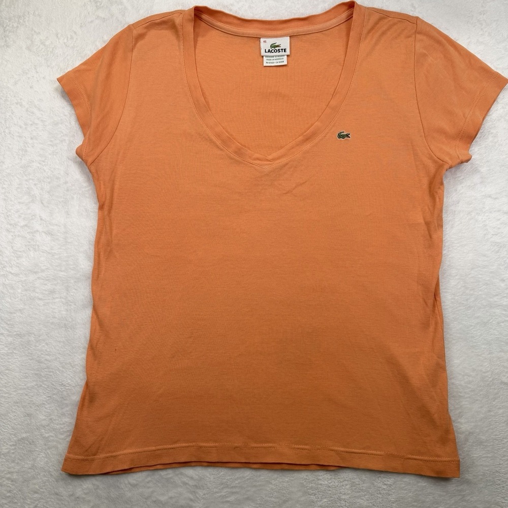 Lacoste Women's Orange Cotton Short Sleeve v-neck T-Shirt Size XL or 46